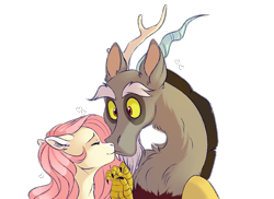 Size: 2988x2172 | Tagged: safe, artist:tayzipumpqueen, discord, fluttershy, draconequus, pegasus, pony, :p, bust, chest fluff, cute, discoshy, discute, ear fluff, eyes closed, female, heart, high res, licking, male, mare, neck fluff, portrait, shipping, shyabetes, simple background, straight, surprised, tongue out, transparent background