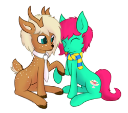 Size: 2313x2035 | Tagged: safe, artist:deerdraw, oc, oc only, oc:deeraw, oc:minty split, deer, deer pony, earth pony, original species, pony, 2020 community collab, clothes, cloven hooves, derpibooru community collaboration, duo, hoof hold, necktie, scarf, simple background, sitting, smiling, transparent background