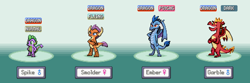 Size: 4800x1600 | Tagged: safe, artist:tarkan809, garble, princess ember, smolder, spike, dragon, gameboy advance, pixel art, pokemon firered, pokémon