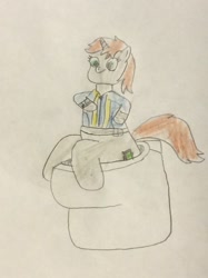 Size: 772x1034 | Tagged: safe, artist:snipiper, oc, oc only, oc:littlepip, pony, unicorn, fallout equestria, but why, clothes, fanfic, fanfic art, female, hooves, horn, implied pooping, mare, pipboy, pipbuck, sitting, solo, toilet, traditional art, vault suit