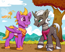 Size: 2000x1616 | Tagged: safe, artist:tsitra360, breezie, hybrid, pegasus, pony, unicorn, zebra, crossover, cynder, open mouth, ponified, redraw, sparx the dragonfly, spyro the dragon, tree, video game crossover