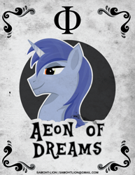 Size: 2551x3301 | Tagged: safe, artist:samoht-lion, oc, oc only, oc:aeon of dreams, pony, unicorn, bust, horn, male, smiling, solo, stallion, text, unicorn oc