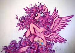 Size: 2174x1535 | Tagged: safe, artist:pyro-millie, pinkie pie, alicorn, seraph, seraphicorn, the ending of the end, alicornified, cutie mark, ethereal mane, grin, multiple wings, pinkiecorn, race swap, raised hoof, redesign, smiling, solo, spread wings, traditional art, wings, xk-class end-of-the-world scenario