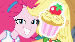 Size: 1920x1080 | Tagged: safe, screencap, applejack, pinkie pie, better together, do it for the ponygram!, equestria girls, cupcake, cute, diapinkes, duo, duo female, female, food, frosting, geode of sugar bombs, geode of super strength, grin, magic cupcake touch, magical geodes, smiling, strawberry coconut cupcake