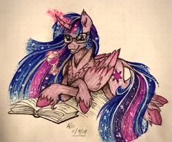 Size: 2048x1686 | Tagged: safe, artist:pyro-millie, princess twilight 2.0, twilight sparkle, twilight sparkle (alicorn), alicorn, pony, the last problem, alcohol, book, chest fluff, colored hooves, curved horn, cutie mark, ethereal mane, female, glass, glasses, glowing horn, grin, horn, magic, mare, prone, reading, redesign, smiling, solo, starry mane, telekinesis, traditional art, unshorn fetlocks, wine