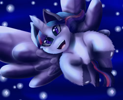 Size: 1280x1038 | Tagged: safe, artist:dragons-doodles, artist:milkssecondfavoritecookie, twilight sparkle, twilight sparkle (alicorn), alicorn, pony, female, fluffy, flying, looking at you, mare, open mouth, solo, spread wings, stars, wings