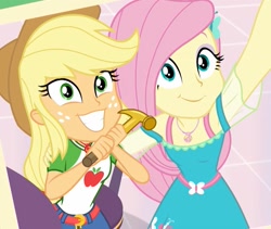 Size: 1280x1080 | Tagged: safe, screencap, applejack, fluttershy, better together, equestria girls, holidays unwrapped, armpits, belt, clothes, cropped, cute, denim skirt, dress, freckles, geode of fauna, geode of super strength, hammer, happy, jackabetes, magical geodes, selfie, shyabetes, skirt