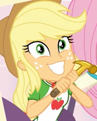 Size: 720x900 | Tagged: safe, screencap, applejack, better together, equestria girls, holidays unwrapped, cropped, geode of super strength, hammer, happy, magical geodes, solo focus