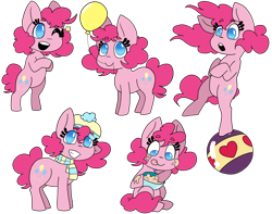Size: 1280x1008 | Tagged: safe, artist:dragons-doodles, artist:milkssecondfavoritecookie, pinkie pie, earth pony, pony, ball, balloon, beanie, bipedal, bowl, clothes, cute, cutie mark, diapinkes, female, hat, mare, mixing bowl, mouth hold, multeity, no pupils, redbubble, scarf, simple background, smiling, solo, sticker set, tongue out, transparent background