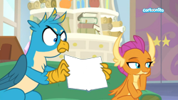 Size: 1920x1080 | Tagged: safe, edit, edited screencap, screencap, gallus, smolder, dragon, griffon, student counsel, angry, book, cartoonito logo, exploitable meme, gallus holding book, gallus' book, meme, meme fuel, meme template, smiling, template