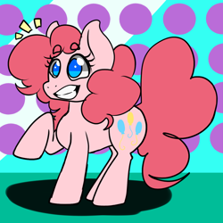 Size: 900x900 | Tagged: safe, artist:dragons-doodles, artist:milkssecondfavoritecookie, pinkie pie, earth pony, pony, abstract background, beanbrows, cutie mark, eyebrows, female, mare, raised hoof, sidemouth, smiling, solo