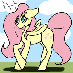 Size: 900x900 | Tagged: safe, artist:dragons-doodles, artist:milkssecondfavoritecookie, fluttershy, bird, pegasus, pony, crossed hooves, cutie mark, eye clipping through hair, female, floppy ears, mare, smiling, solo