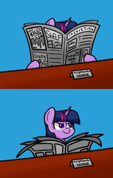 Size: 1000x1568 | Tagged: safe, artist:handgunboi, twilight sparkle, pony, meme, newspaper, ponified meme, reading, solo, tom and jerry