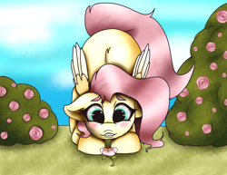 Size: 1280x987 | Tagged: safe, artist:dragons-doodles, artist:milkssecondfavoritecookie, fluttershy, pegasus, pony, blushing, bush, cute, female, floppy ears, flower, mare, shyabetes, solo