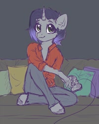 Size: 800x1000 | Tagged: safe, artist:reterica, oc, oc only, oc:moonsonat, anthro, unguligrade anthro, unicorn, anthro oc, clothes, colored sketch, controller, cute, female, green eyes, jeans, mare, pants, pillow, shirt, short hair, simple background, sitting, smiley face, sofa, solo
