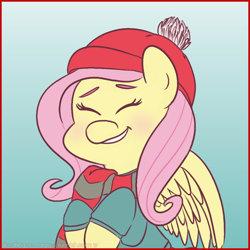 Size: 1030x1030 | Tagged: safe, artist:doodling-is-magic, fluttershy, pegasus, pony, clothes, cute, eyes closed, female, gradient background, hat, mare, scarf, shyabetes, smiling, solo, sweater, sweatershy, winter outfit