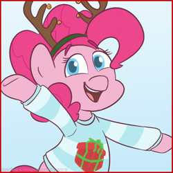 Size: 1030x1030 | Tagged: safe, artist:doodling-is-magic, pinkie pie, earth pony, pony, antlers, blue background, christmas, christmas sweater, clothes, colored pupils, cute, diapinkes, female, holiday, mare, open mouth, reindeer antlers, simple background, solo, sweater