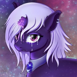 Size: 3472x3472 | Tagged: safe, artist:shaurmellow, oc, oc:chiarezza, bat pony, pony, undead, vampire, vampony, backstory, bat pony oc, broken horn, crying, fangs, female, horn, jewelry, magic, mare, pendant, piercing, sad, space background