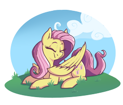 Size: 992x846 | Tagged: safe, alternate version, artist:modularpon, artist:themodpony, fluttershy, pegasus, pony, cute, eyes closed, female, head turn, mare, outdoors, prone, shyabetes, smiling, solo, three quarter view, transparent background, wings