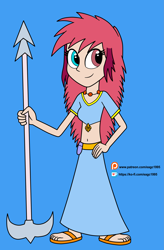 Size: 2089x3185 | Tagged: safe, artist:eagc7, oc, oc only, oc:zyrena, equestria girls, belly button, clothes, commission, equestria girls-ified, female, hand on hip, heterochromia, ko-fi, midriff, patreon, patreon logo, skirt, solo, weapon