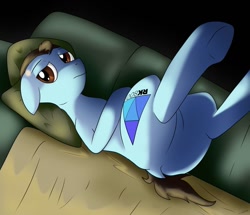 Size: 963x830 | Tagged: safe, artist:wolftendragon, earth pony, pony, robot, android, bored, butt, connor, dark, dark background, detroit: become human, dock, featureless crotch, lidded eyes, lying down, male, on back, pillow, plot, ponified, rk800, sofa, solo, stallion, underhoof, watching tv