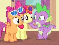 Size: 1100x840 | Tagged: safe, screencap, apple bloom, scootaloo, spike, dragon, earth pony, pegasus, pony, for whom the sweetie belle toils, claws, comforting, cropped, female, filly, foal, kindness, lifting chin, slit eyes, smiling, sunglasses, trio