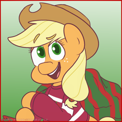 Size: 1030x1030 | Tagged: safe, artist:doodling-is-magic, applejack, earth pony, pony, applejack's hat, christmas, clothes, colored pupils, cowboy hat, cute, female, gradient background, hat, holiday, hoof hold, jackabetes, mare, open mouth, sack, solo, sweater