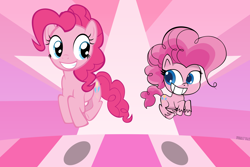 Size: 4500x3000 | Tagged: safe, artist:mrkat7214, pinkie pie, earth pony, pony, g4, my little pony: pony life, abstract background, cute, diapinkes, duo, generational ponidox, grin, high res, looking at each other, pronking, self ponidox, smiling, unshorn fetlocks, vector