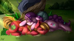 Size: 1280x720 | Tagged: safe, artist:julunis14, big macintosh, sugar belle, earth pony, pony, unicorn, female, husband and wife, intertwined trees, male, mare, rock, shipping, sleeping, speedpaint, stallion, straight, sugarmac, tree