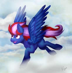 Size: 1970x2000 | Tagged: safe, artist:noxi1_48, pegasus, pony, fluffy, happy, in the sky, pegasus oc, solo, wing open