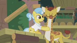 Size: 1600x900 | Tagged: safe, screencap, clementine, doctor fauna, earth pony, giraffe, pony, she talks to angel, clothes, duo, eyes closed, female, mare, massage, platform, shirt, smiling, sweet feather sanctuary, veterinarian