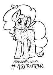 Size: 2592x3659 | Tagged: safe, artist:coco-drillo, derpibooru import, pinkie pie, earth pony, pony, chest fluff, cute, dots, ear fluff, happy, inktober, monochrome, pattern, pinktober, polka dots, smiling, solo, standing, wavy mane