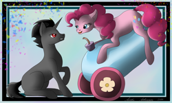 Size: 2000x1200 | Tagged: safe, artist:dreamyartcosplay, pinkie pie, oc, earth pony, pony, unicorn, abstract background, confetti, female, looking at each other, male, mare, party cannon, raised hoof, sitting, stallion