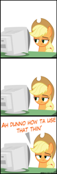 Size: 2000x6000 | Tagged: safe, artist:mrkat7214, derpibooru import, applejack, earth pony, pony, comic:twilight vs. computer, applejack is not amused, applejack vs computer, bored, comic, crt, dell, looking at you, monitor, solo, unamused