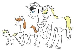 Size: 3300x2205 | Tagged: safe, artist:phobicalbino, applejack, oc, oc:dusty, oc:orchard blossom, oc:rain buck, earth pony, pony, canon x oc, colt, family, female, filly, foal, male, mare, missing cutie mark, offspring, parent:applejack, parent:oc:rain buck, parents:canon x oc, partial color, quartet, shipping, simple background, stallion, straight, walking, white background