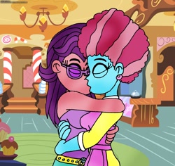 Size: 920x868 | Tagged: safe, artist:rdj1995, cup cake, spoiled rich, equestria girls, eyes closed, eyeshadow, female, hug, infidelity, kissing, lesbian, makeup, shipping, spoiledcake, sugarcube corner