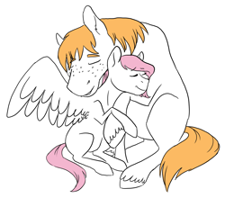 Size: 3233x2842 | Tagged: safe, artist:phobicalbino, big macintosh, fluttershy, earth pony, pegasus, pony, cuddling, eyes closed, female, fluttermac, male, mare, missing cutie mark, neck nuzzle, nuzzling, partial color, shipping, simple background, size difference, spread wings, stallion, straight, white background, wings