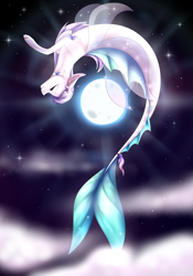 Size: 2049x2928 | Tagged: safe, artist:creativecocoacookie, oc, oc only, merpony, eyes closed, female, flower, flower in hair, moon, night, ribbon, solo, stars