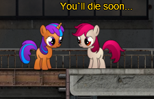 Size: 225x145 | Tagged: safe, oc, oc only, earth pony, pony, unicorn, fallout equestria, game: fallout equestria: remains, blank flank, cropped, duo, female, filly, foal, game screencap, hooves, horn, ladder