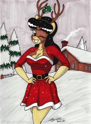 Size: 2086x2852 | Tagged: safe, artist:newyorkx3, oc, oc:crystal, anthro, anthro oc, antlers, breasts, christmas, cleavage, clothes, dress, female, holiday, mistleholly, one eye closed, reindeer antlers, snow, snowfall, solo, tree, wink