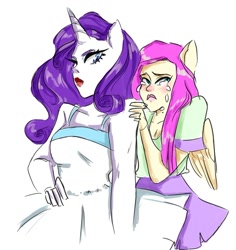 Size: 852x903 | Tagged: safe, artist:nebulaeye, fluttershy, rarity, anthro, pegasus, unicorn, clothes, crying, duo, female, hand on hip, lipstick, scared, simple background, white background