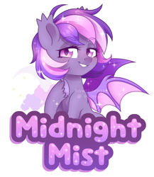 Size: 2489x2867 | Tagged: safe, artist:hawthornss, oc, oc only, oc:midnight mist, bat pony, badge, bat pony oc, blushing, chest fluff, cute, cute little fangs, ear fluff, fangs, looking at you, simple background, smiling, sparkles, text, unshorn fetlocks, watermark, white background