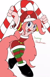 Size: 1336x2048 | Tagged: safe, artist:tenebrousmelancholy, pinkie pie, anthro, candy, candy cane, candy canes, christmas, clothes, female, food, holiday, simple background, socks, solo, striped socks, white background