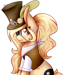 Size: 829x964 | Tagged: safe, artist:lilacbases, oc, oc only, oc:debonair, earth pony, pony, bandana, clothes, eyepatch, feather, female, hat, mare, shirt, simple background, sitting, solo, steampunk, stopwatch, top hat, transparent background, vest