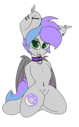 Size: 1776x2844 | Tagged: safe, artist:joey, artist:k-kopp, oc, oc only, oc:night snapper, bat pony, pony, belly button, bellyring, collar, ear fluff, ear piercing, earring, femboy, jewelry, kneeling, male, piercing, solo, tongue out, tongue piercing