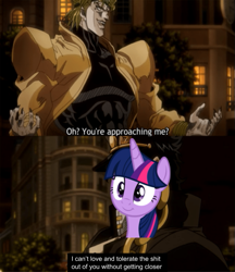 Size: 535x620 | Tagged: safe, edit, editor:countcoltnackh, twilight sparkle, alicorn, to where and back again, 1000 years in photoshop, anime, dio brando, exploitable meme, jojo's bizarre adventure, jotaro kujo, love and tolerate, meme, oh you're approaching me, text, vector, vulgar