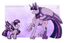 Size: 1807x1200 | Tagged: safe, artist:inuhoshi-to-darkpen, twilight sparkle, twilight sparkle (alicorn), alicorn, pony, my little pony: pony life, abstract background, butt fluff, cheek fluff, chest fluff, chibi, colored pupils, colored wings, colored wingtips, confused, duality, ear fluff, eye contact, feathered fetlocks, female, fluffy, frown, generational ponidox, hoof fluff, leg fluff, looking at each other, looking down, looking up, mare, raised hoof, raised leg, self ponidox, shoulder fluff, simple background, spread wings, time paradox, transparent background, twolight, unshorn fetlocks, wide eyes, wing fluff, wings