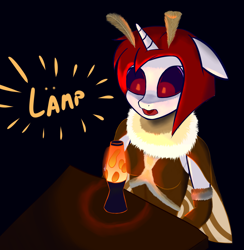Size: 1843x1889 | Tagged: safe, artist:wut, oc, oc:wut do, anthro, moth, antennae, anthro oc, behaving like a moth, bugs doing bug things, chest fluff, clothes, costume, female, halloween, halloween costume, lava lamp, lämp, mare, monster mare, nightmare night costume, simple background, solo
