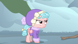 Size: 1280x720 | Tagged: safe, screencap, cozy glow, pegasus, pony, frenemies (episode), annoyed, clothes, cozy glow is not amused, female, filly, foal, hat, mount everhoof, snow, solo, winter outfit