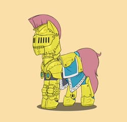 Size: 1473x1411 | Tagged: safe, alternate version, artist:dipfanken, earth pony, pony, armor, female, helmet, mare, plate armor, platemail, simple background, solo, yellow background